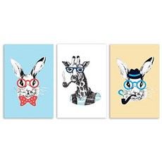 wall26-3 Panel Animal Canvas Wall Art - Cartoon Rabbits and Gi (36" x 24" x 3 Panels Artwork - 50), 본상품, 본상품