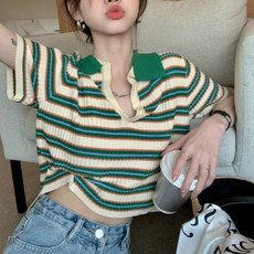 줄무늬 카라브이넥 숏니트티 스트라이프반팔 시원한니트티 크롭 귀여운꾸안꾸