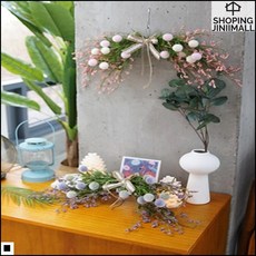 생화같은 디테일 조화 벽걸이 폼폼 가렌더 현관문리스, 그린계열