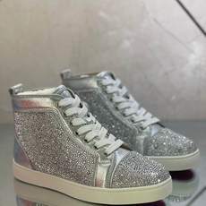 패션 럭셔리 클럽 하이 탑 레드 하단 남성용 신발 트레이너 스파이크 실버 가죽 리벳 크리스탈 플랫 스