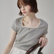 [셀럽착용] 론론 LACE SQUARE HEART NECK SHORT SLEEVE GREY