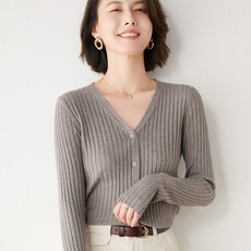나사 니트 끈끈이 브이넥 카디건, 카멜, M