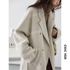 세진올리브 23WINTER 여성 핸드메이드코트 더블 단추 이중직 울70 칼라 호시자수 스티치S~L