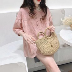 임산부 여름 반팔 셔츠 남방 캐주얼 인형넥 얇은 쉬폰 상의 루즈핏 임부복 오버핏 기질 여성 임부 남방 셔츠