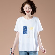 공감인 중년 노년 어머니 순수한 면화 반팔 티셔츠 여성 플러스 빅사이즈 플러스 사이즈 여성용 탑스 패션 티셔츠-51853