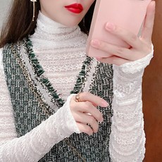 넥케이프 목폴라 레이스 언더셔츠 가을겨울 2020신제품 유럽풍 긴팔 이너 망사의류 플리츠 망사 상의