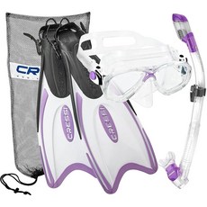  Cressi Italian Design 프리미엄 강화 유리 렌즈 스쿠버 스노클 마스크 드라이 스노클 팔라우 롱 조절 가능한 스노클링 핀 휴대용 가방 포함 스노클 세트 남성, Lilac 