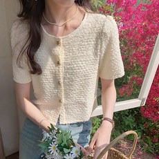메이킹유 W8777디셀블라우스 이킹유 반팔 라운드넥 크롭 단추 데일리룩 W8777디셀블라우스
