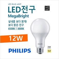 필립스 PHILIPS MegaBright 메가브라이트 LED 12W 램프 밝은 전구, 전구색, 1개