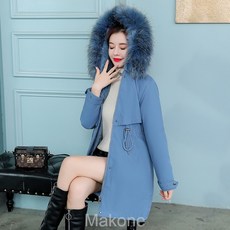 Makone여자 겨울 코트 롱 코트미디엄 파이 극복 겨울 패딩 여성 한국판 슬림 후드 깃 패딩