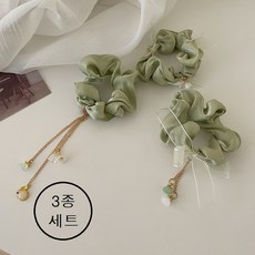 AZMON [3종세트] 은방울꽃 새틴 곱창밴드 예쁜 보석 꽃 장식 묶음 머리 꾸미기