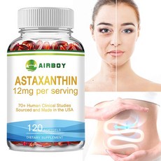 Airboy 아스타잔틴 12mg 최대 강도는 피부 건강 건강한 노화 면역 건강 눈 건강 장 건강을 지원합니다., 1박스, 120정