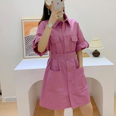 작은 카고무드 키커 보이는 와이드 루즈핏 캐쥬얼 계 허리벨트 반팔 원피스 여성