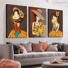 [행운그림] 다루미 행운이 들어오는 그림 사진 액자, 해바라기소녀, 3개 해바라기소녀, 3세트