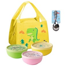 KOM 童書聯名 兒童隔熱碗 Set, 雙層隔熱不燙手, 附304匙, 食品級PP, 耐溫-50~250度, 隔熱碗*3+矽膠上蓋*3+平底匙*3+便當袋*1, 青菜鱷魚+水果牛+Guji Guji, 1組