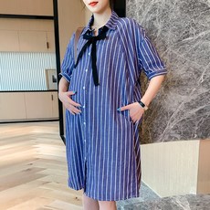 임산부 원피스 여름옷 타입 얼간이 엄마 상의 임부복 치마 미스트 크림 페이스 관대히 여기다 와이셔츠 1719697826, 1개, 블루 줄무늬