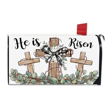 FBCOO 기독교 부활절 십자가 우편함 커버 자석 표준 사이즈 52.1 x 45.7cm20.5 18인치 종교적 He is Risen 활 장식 포스트 레터 박스 랩 봄 유칼립투스