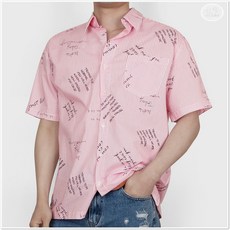 남자 핑크색 셔츠 작은 레터링 패턴 오픈카라 반팔 남성 남방 여름 캐주얼 코디