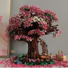 호환 레고 벚꽃 나무 트리 하우스 중국 블럭, 입체삼색벚꽃나무집7000+입자자유광끈+먼지덮개