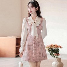 트위드 배색 레이어드 리본 A라인 미니 원피스