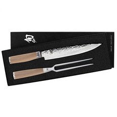 Shun Premier Blonde 2피스 카빙 세트 24.1cm(9.5인치) 프리미어 슬라이싱 나이프와 카빙 포크 포함 수제 일본 나이프 세트 다마스커스 스테인리스 스틸 클, 1개