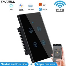 SMATRUL Tuya 스마트 WiFi 벽 터치 라이트 스위치 App 1/2/3/4 Gang No Neutral Wire 미국 음성 유리 타이, 04 Black 4 gang WIFI