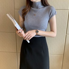 여성용 2021 여름 보라색 티셔츠 여름 티셔츠 평직 상의 실심 니트 상의 라운드 캐주얼 여성용 티셔츠