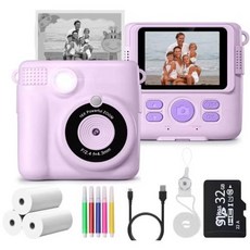 즉석 인쇄 카메라 미니 폴라로이드 카메라 열 인쇄 사진 카메라 선물 즉석 스냅샷, Purple Add 32G Card, 1개