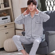 남자잠옷 남자 잠옷 긴 면화 봄과 가을 카디건 남자의 우아한 플러스 사이즈 가정용 정장 스트 라이프 스트라이프 격자 무늬