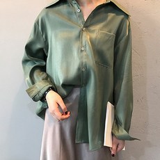 네모 은은한 새틴 빅카라 셔츠 루즈핏 긴팔 여성 실크 샤이닝 블라우스