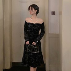 빅사이즈 클래식 목걸이 여성 스타일리쉬 섹시 오픈숄더 별이총총한하늘 드레스 롱