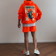 비치웨어 앰부쉬 프린팅 아노락 박스 오버핏 후드 반바지 트레이닝 세트 4color