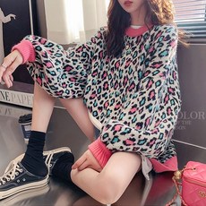 레오파드 호피무늬 오버핏 니트 스웨터 가오리핏 루즈