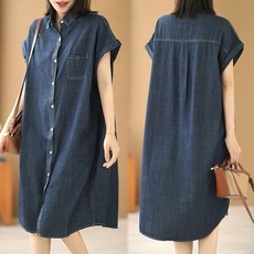 빈티지 미디 청셔츠 빅사이즈 하프 데님 원피스 여성 여름 버튼 베이직 카라넥 상의