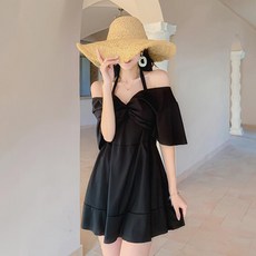 오비안 여성 체형커버 심플 원피스 수영복, 블랙