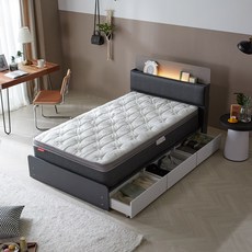 라자가구 RF 소르젠 LED 리노 서랍형 슈퍼싱글/퀸 침대+마일드 독립 매트+방수커버, 그레이화이트