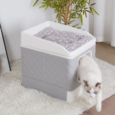 BingoPaw 고양이 화장실 38.5x50x35cm 후드형 배변실 접이식 디자인 서랍식 배변판 + 쿠션 + 모래삽 세트, 그레이, 1개