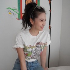 Texbo 진 Yilin 예리 같은 패션 브랜드 Kanco 고양이 앵무새 만화 인쇄 느슨한 반팔 티셔츠 탑
