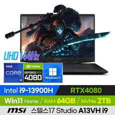 [사은품 증정!] MSI STEALTH 17 STUDIO A13VH i9 13세대 RTX4080 롤 오버워치 발로란트 배그 17인치 고사양 게이밍 노트북, STEALTH17 STUDIO A13VH i9, 윈도우11 홈, 64GB, 2TB, 코어i9, 블랙