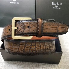 Berluti SS24 남성 악어 무늬 가죽 조각 프린트 럭셔리 벨트 버클 로고 프린트 비즈니스 정장 벨트 3 배색