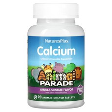 NaturesPlus Animal Parade 어린이용 츄어블 칼슘 보충제 바닐라 선데 맛 설탕 무함유 동물 모양 90정, NaturesPlus Animal Parade ..., 1개