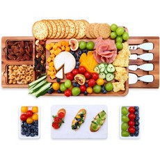 hecef 아카시아 나무 치즈 보드 세트 정사각형 치즈 보드 서랍 2개 포함, 1개