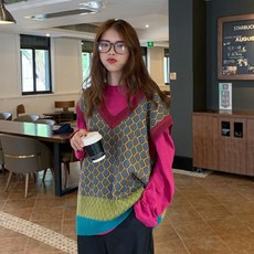 포린박스 오버핏 아가일 체크 베스트 니트 조끼 YJ