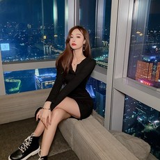제이에스컴퍼니 원피스 섹시 긴 소매 힙랩 점프슈트 여성 허리보정 슬림핏 무드 작은 검은 수밀도 짧은