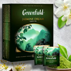Greenfield зеленый чай Жасмин Дрим с цветками жасмина, 100 пакетиков по 2 г