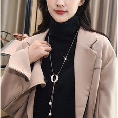 YUEMEIYD 여성 타원 진주 지르콘 긴 목걸이 스웨터사슬 쇄골 사슬 - 이미지 2