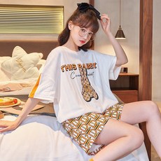 파자마 여 반팔 반바지 얇은 토끼 여성 세트 니트 면 홈웨어