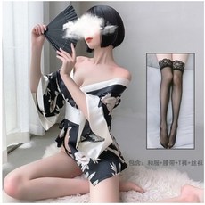 섹시 메이드복 코스프레 기념일 코스튬 커플 속옷 남친 여친 기념 비밀 기모노 제복, 흑백프린트기모노세트+블랙스타킹, 1개