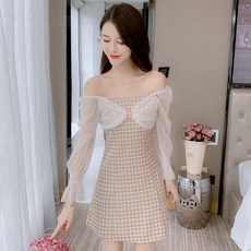 블랙스웩 블랙체크원피스 초 계절 오픈숄더 긴 소매 중대 여성의류 가을옷 작은 키 숲