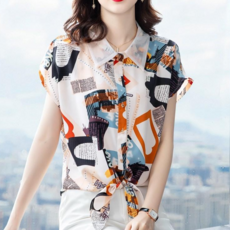 [바니드] 여성 럭셔리 반팔 쉬폰 레터링프린트 세련된 셔츠블라우스 0687